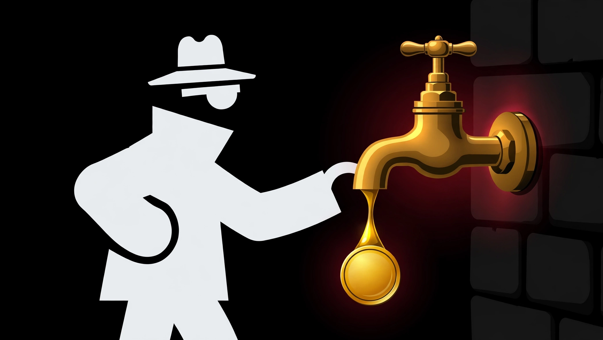 The detective at the golden faucet, dripping a gold coin
