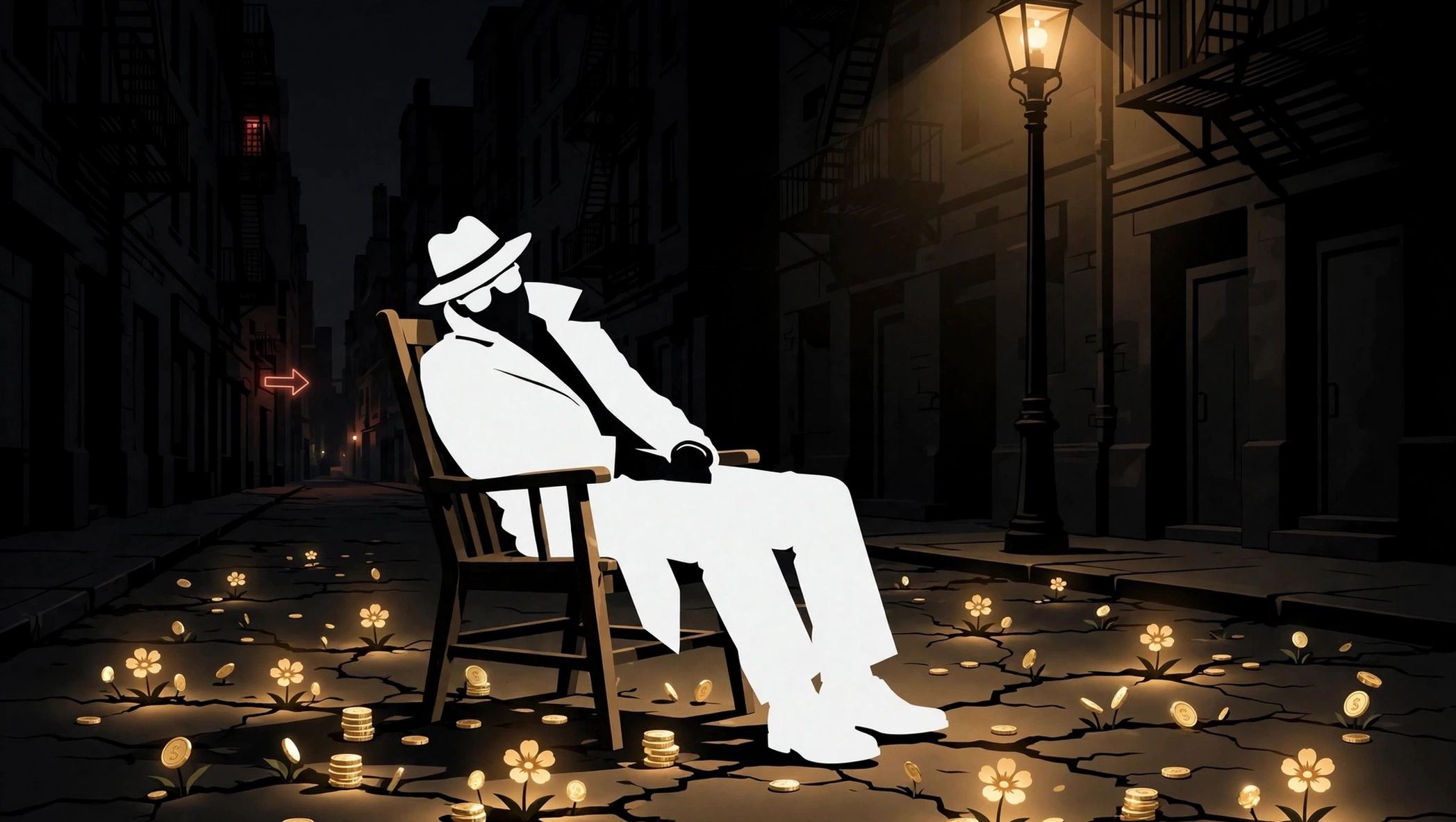 The night garden — the detective asleep in his chair while the coin flowers glow
